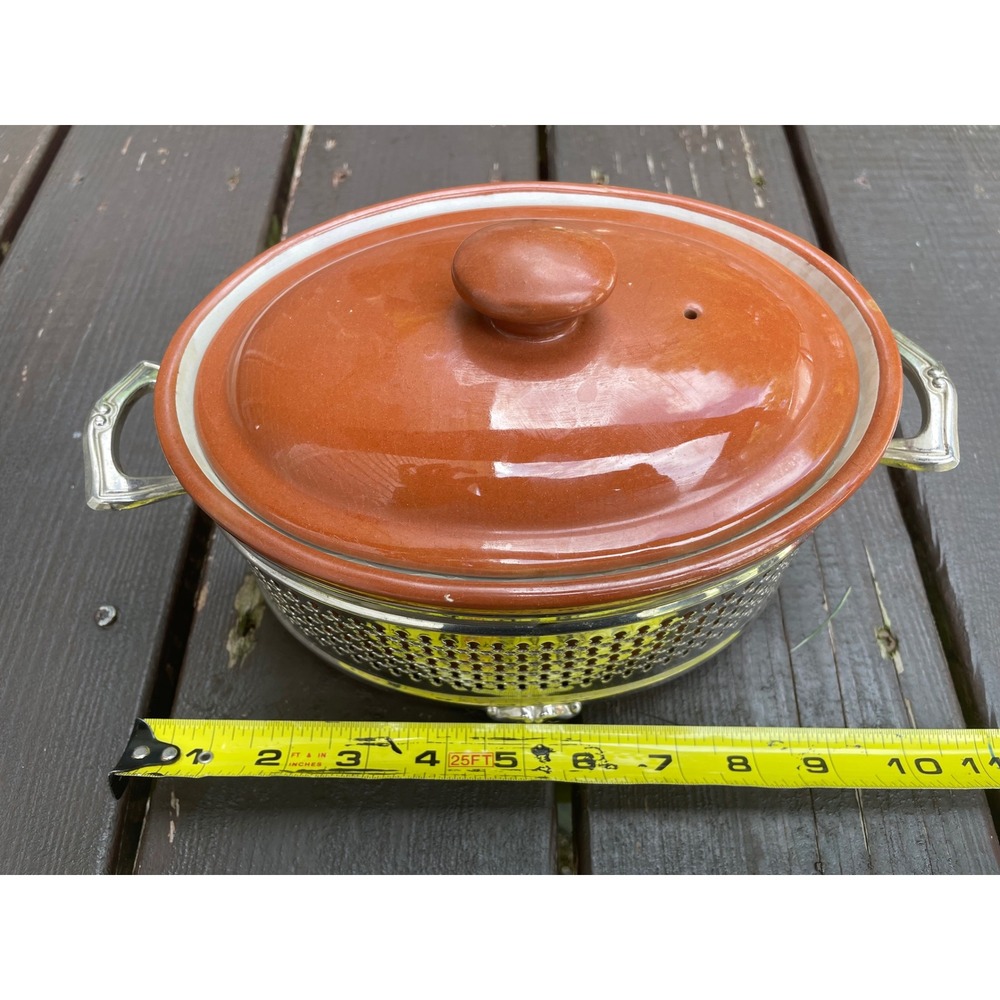 Vintage Guernsey Cooking Ware Terracotta Casserole Dish Silver Plated Carrier